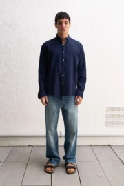 OVERSIZE FRESH KETEN LACİVERT GÖMLEK - Görsel 6