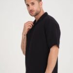 Rahat Kalıp Siyah MüslinKeten Gömlek