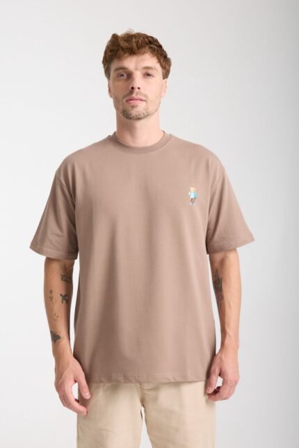 Minimal Baskılı Kahverengi Oversize Erkek T-shirt