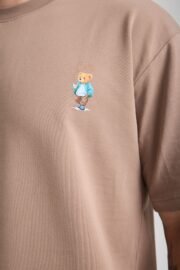 Minimal Baskılı Kahverengi Oversize Erkek T-shirt - Görsel 4