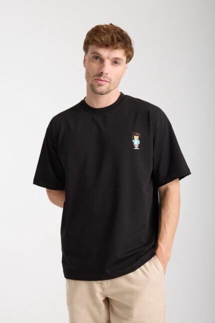Minimal Baskılı Siyah Oversize Erkek T-shirt