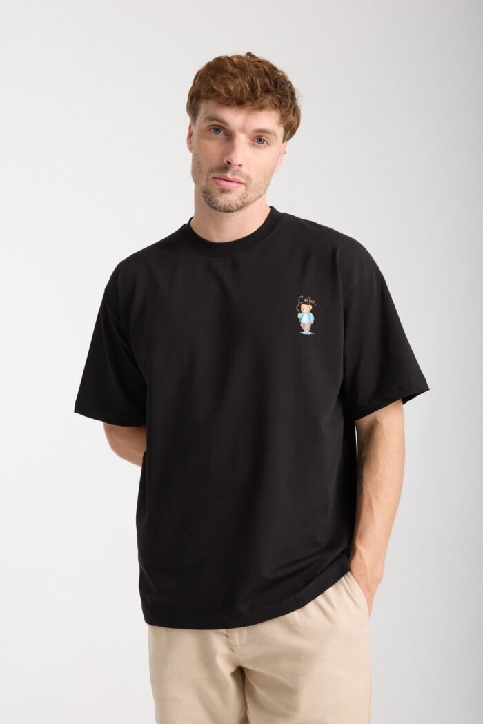 Minimal Baskılı Siyah Oversize Erkek T-shirt - Görsel 1