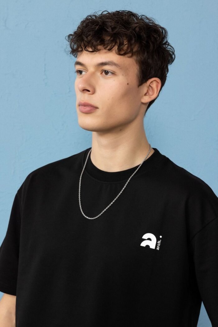 Minimal Baskılı Siyah Oversize Erkek T-shirt - Görsel 2