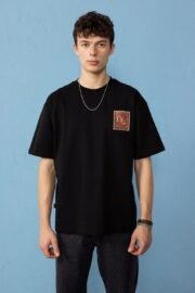 Halı Deseni İşlemeli Siyah Oversize Erkek T-shirt - Görsel 4