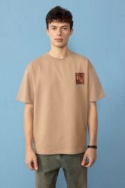 Halı Deseni İşlemeli Kahverengi Oversize Erkek T-shirt