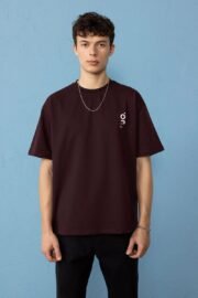 Minimal Baskılı Bordo Oversize Erkek T-shirt