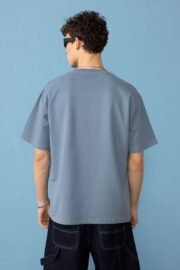 Minimal Baskılı İndigo Oversize Erkek T-shirt - Görsel 2