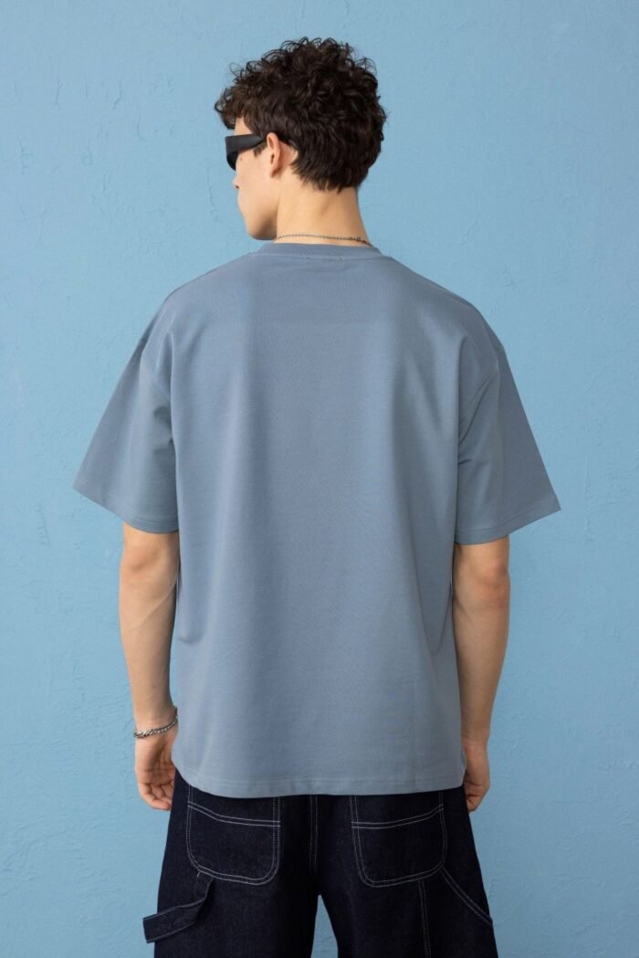 Minimal Baskılı İndigo Oversize Erkek T-shirt - Görsel 2