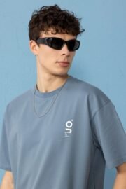 Minimal Baskılı İndigo Oversize Erkek T-shirt - Görsel 3