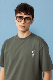 Minimal Baskılı Haki Oversize Erkek T-shirt - Görsel 3